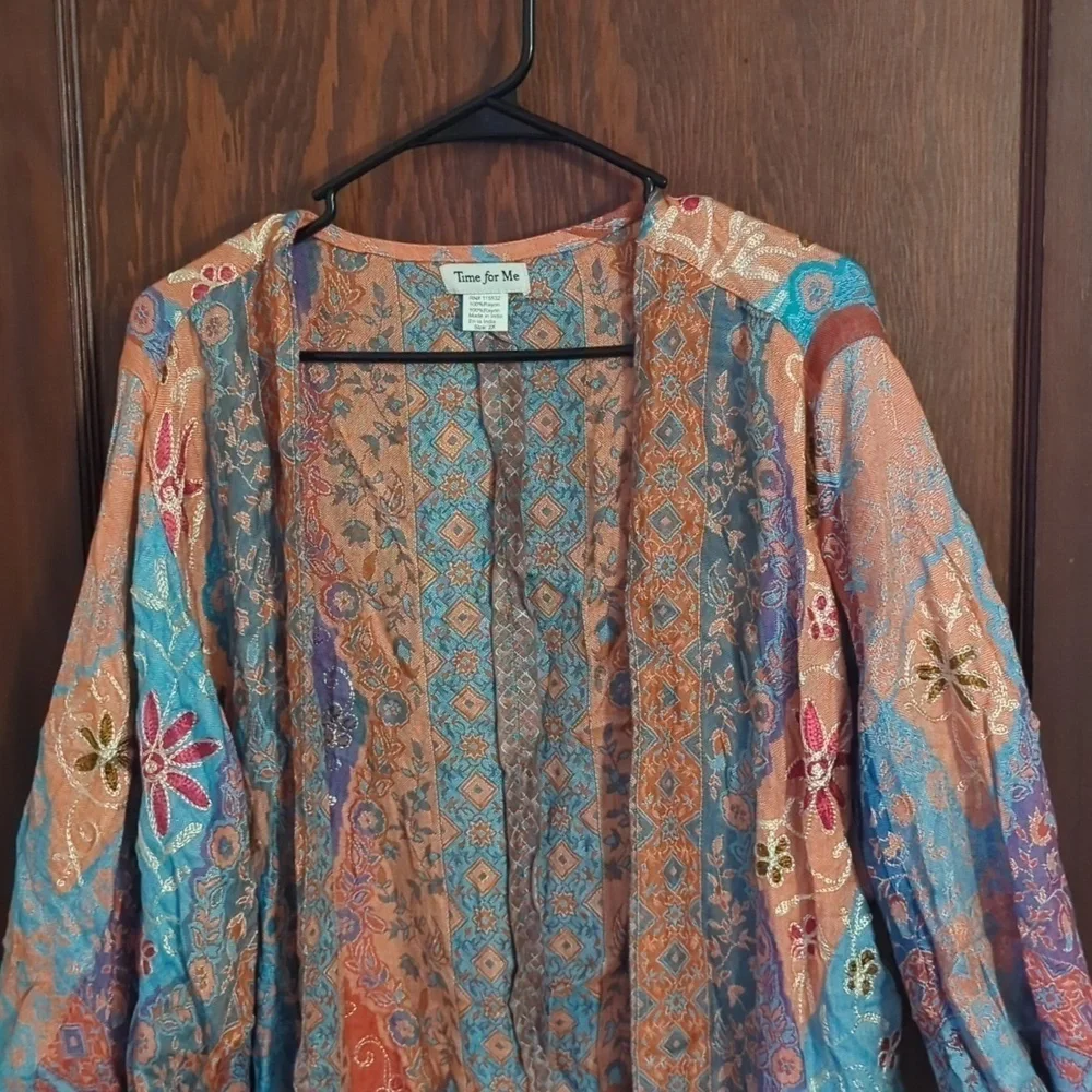 Time For Me Embroidered Bohemian Flowy Open Fringe Cardigan Size 2X - Picture 2 of 9